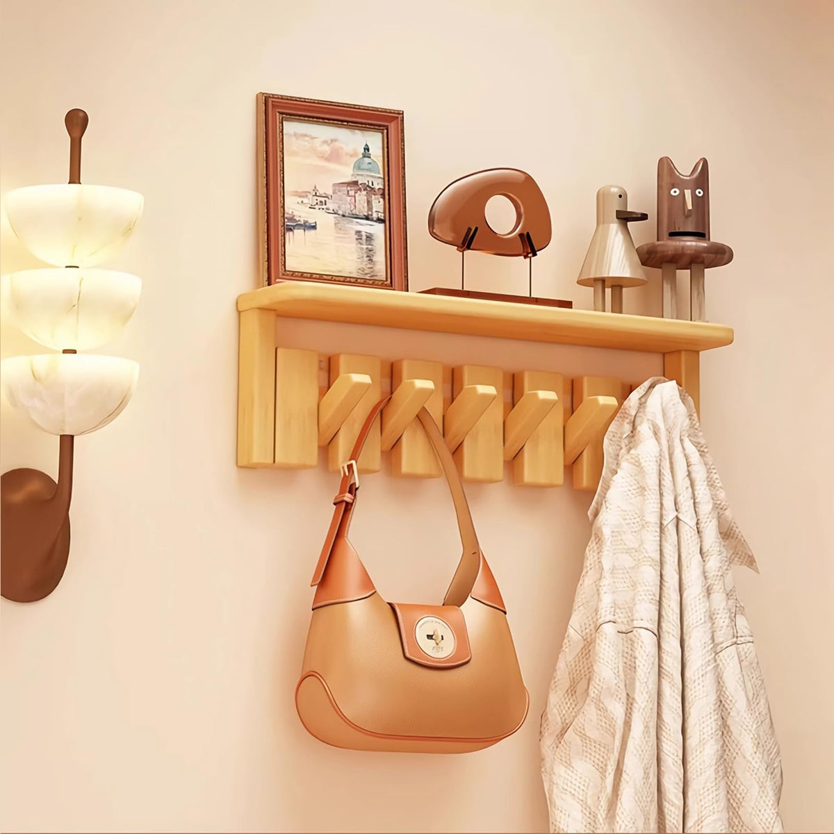 Paint Wood Wall Mounted Coat RackHooks Piano Key Hangers Natural Solid Wood Hanger Non-Woven Fabric Clothes Hangers for Closet, Kitchen, Bedroom, Bathroom, Entryway (Walnut-Beech, 8 Hooks)