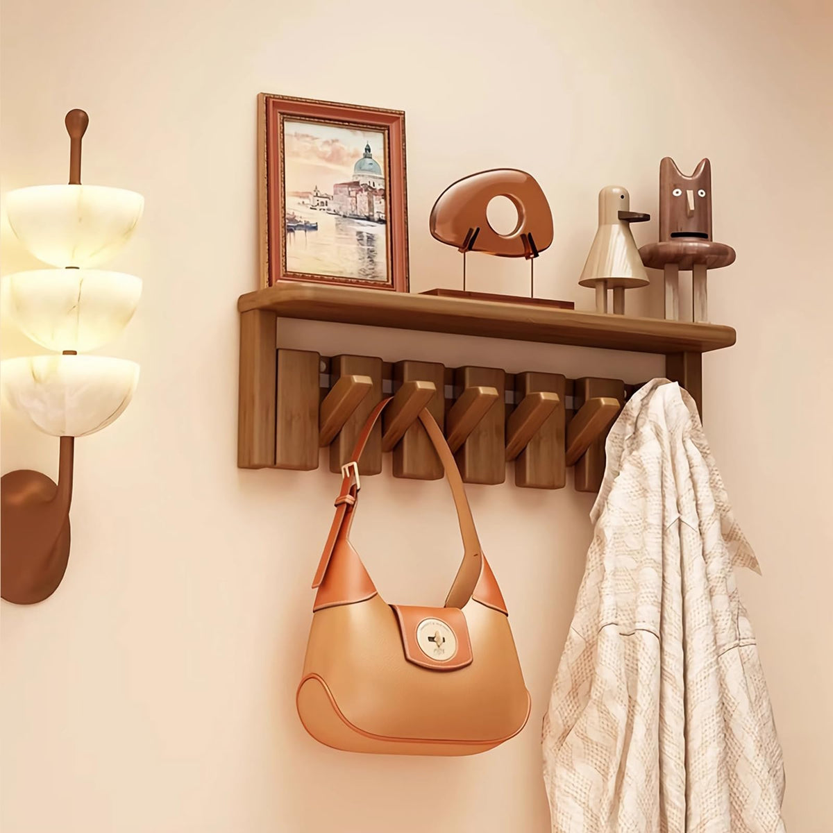 Paint Wood Wall Mounted Coat RackHooks Piano Key Hangers Natural Solid Wood Hanger Non-Woven Fabric Clothes Hangers for Closet, Kitchen, Bedroom, Bathroom, Entryway (Walnut-Beech, 8 Hooks)