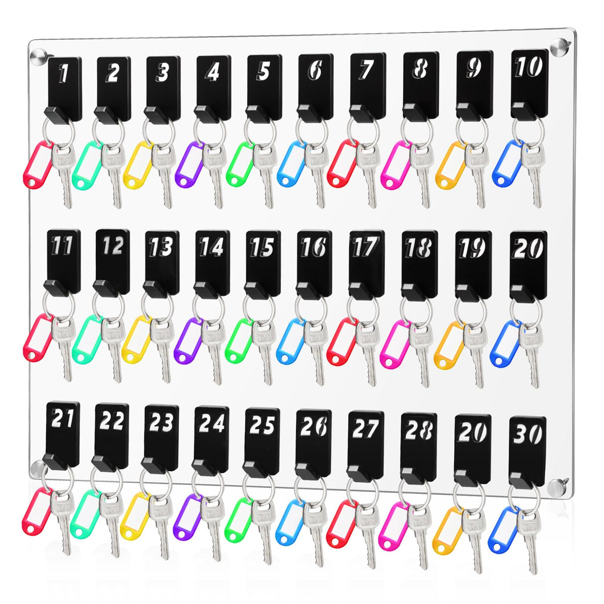 Beeveer Acrylic Key Holder Board with 30 Hooks, Wall Mount Organizer,Walnut