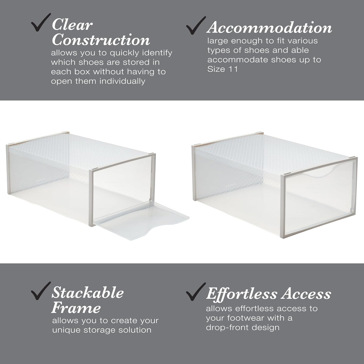 Simplify Set of 12 Stackable Shoe Boxes | Customizable | Fits Size 11 Shoes | Drop Front Design | Closet Storage | Sneakers | Heels | Clear and White
