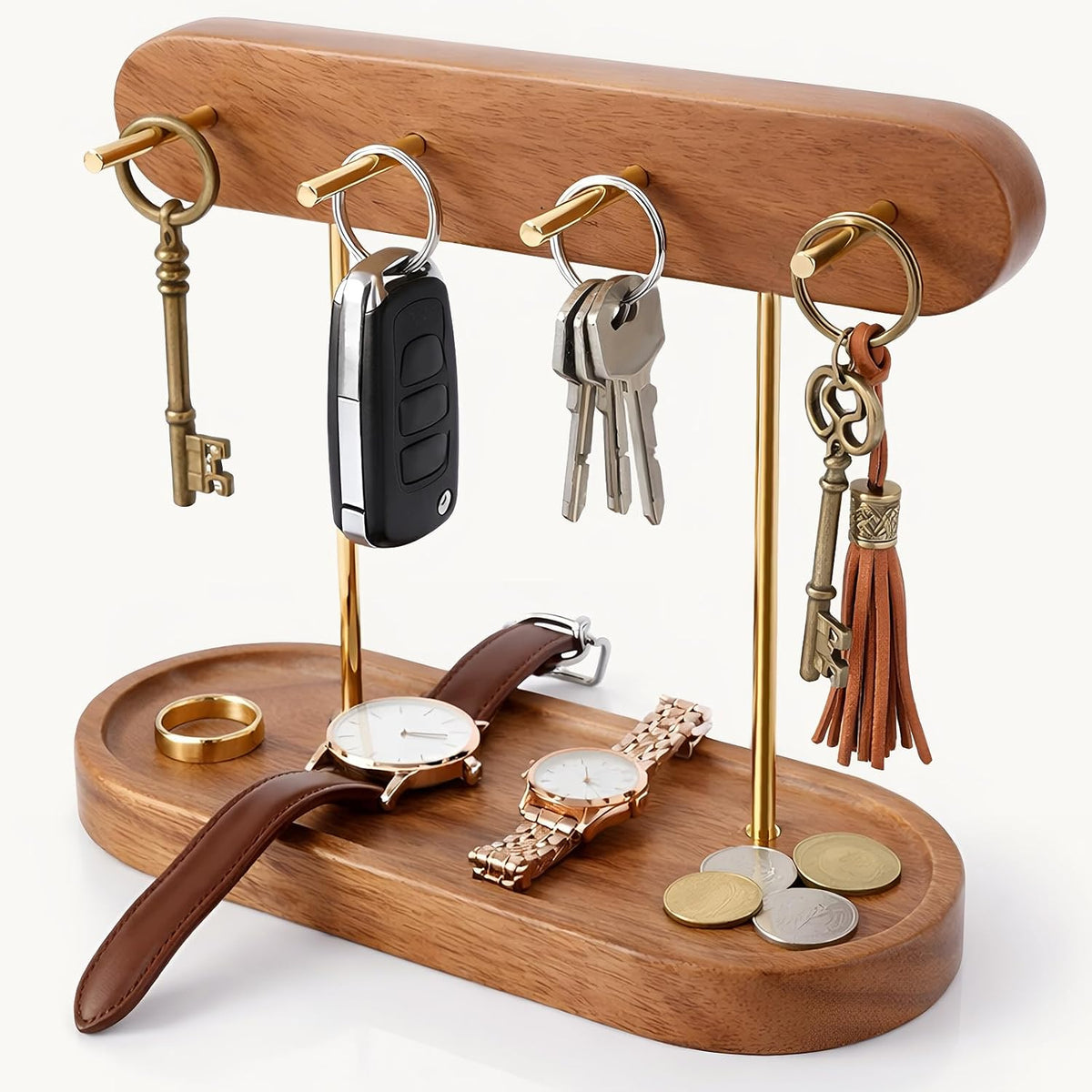 RattanView Solid Walnut Entryway Key Holder for Table, Mid-Century Key Stand with Tray, Wood Keys Holder with 4 Hooks, Jewelry Tray & Dish for Wallet Rings Catchall