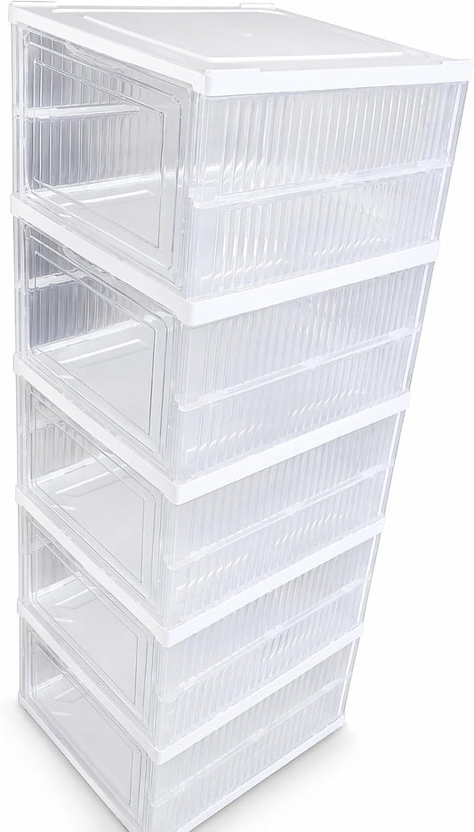 6 Pack Gray Transparent Shoe Storage Organizer, Stackable Shoe Boxes for Closet, Drop Front Plastic Shoe Box with Grey Door, Easy to Assemble, Fit up US Size 6