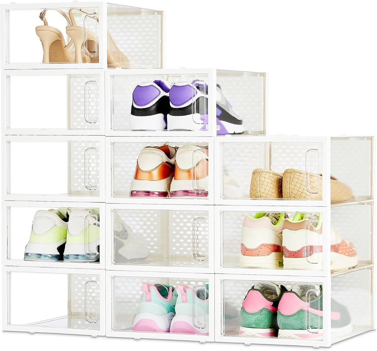 Amazon Basics Stackable and Foldable Clear Shoe Storage Organizer Box, Large, 12-Pack