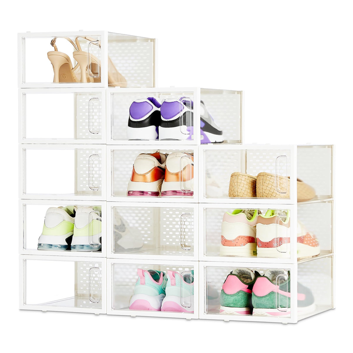 Amazon Basics Stackable and Foldable Clear Shoe Storage Organizer Box, Large, 12-Pack