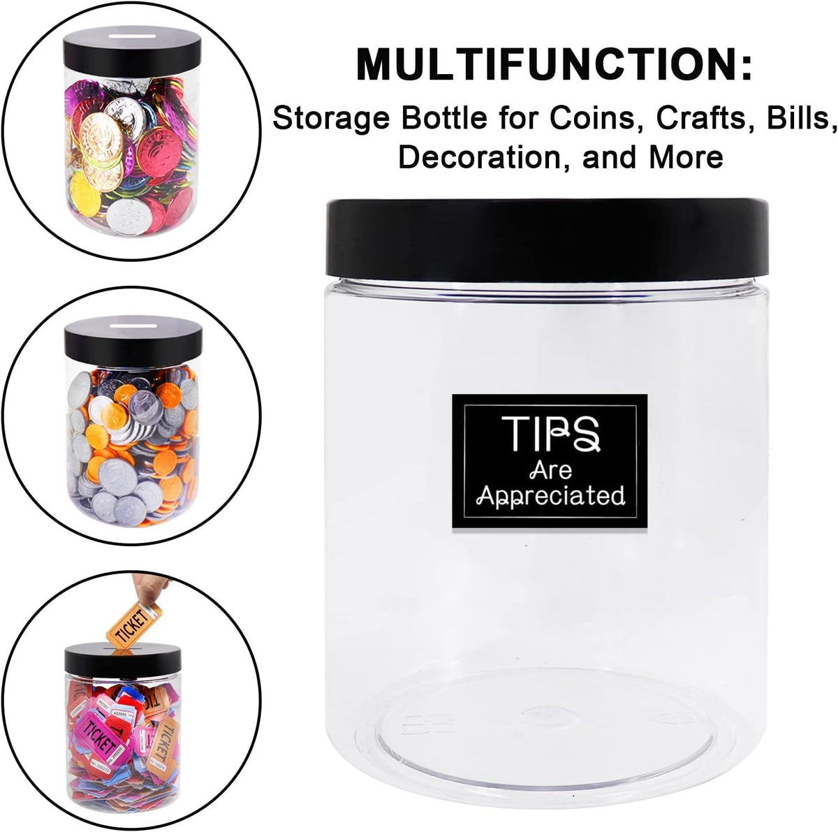 Large Coin Bank Jar, Big Clear Plastic Coin Money Tip Change Saving Piggy Jar with Black Slotted Lid, Large Plastic Coins Piggy Money Change Clear Bank for Adults Teens Kids Girls Boys