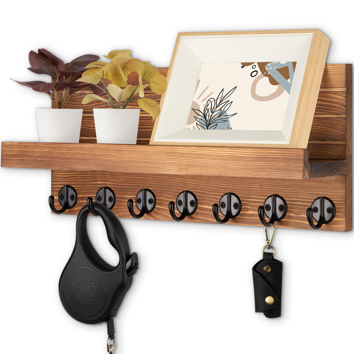 Lwenki Key Holder Wall Mount, Entryway Key and Mail Holder with 7 Sturdy Hooks for Sunglasses, Dog Leash, Decorative Wall Shelf with Mounting Hardware, 15”W x 6.7”H x 4.2”D