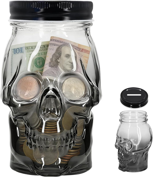 1Pack 16 OZ Skull Glass Coin Bank with Metal Lid, Clear Glass Skull Money Jar with Coin Slot, Decorative Savings Jar, Halloween & Home Décor (Black)
