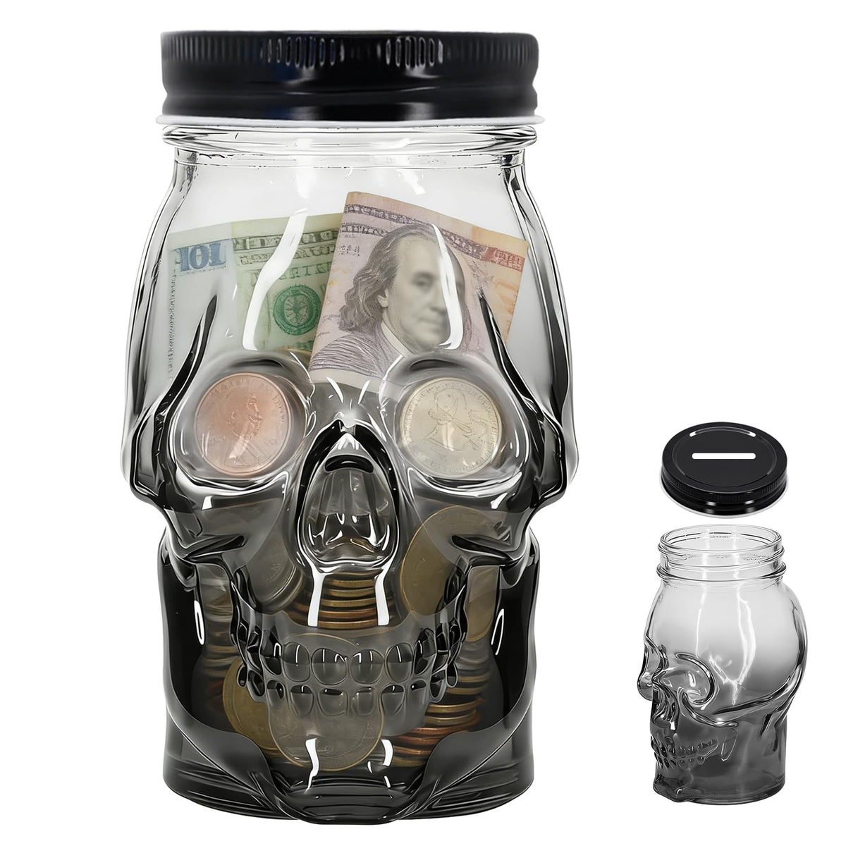 1Pack 16 OZ Skull Glass Coin Bank with Metal Lid, Clear Glass Skull Money Jar with Coin Slot, Decorative Savings Jar, Halloween & Home Décor (Black)