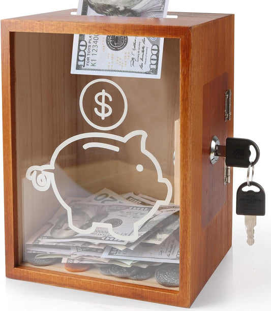 Clear Piggy Bank with Lock, Large Money Saving Jar Money Bank Box Container for Cash Saving, Openable Clear Money Coin Change Bank Jar Container Penny Piggy Jar Bank for Adults Kids, Brown