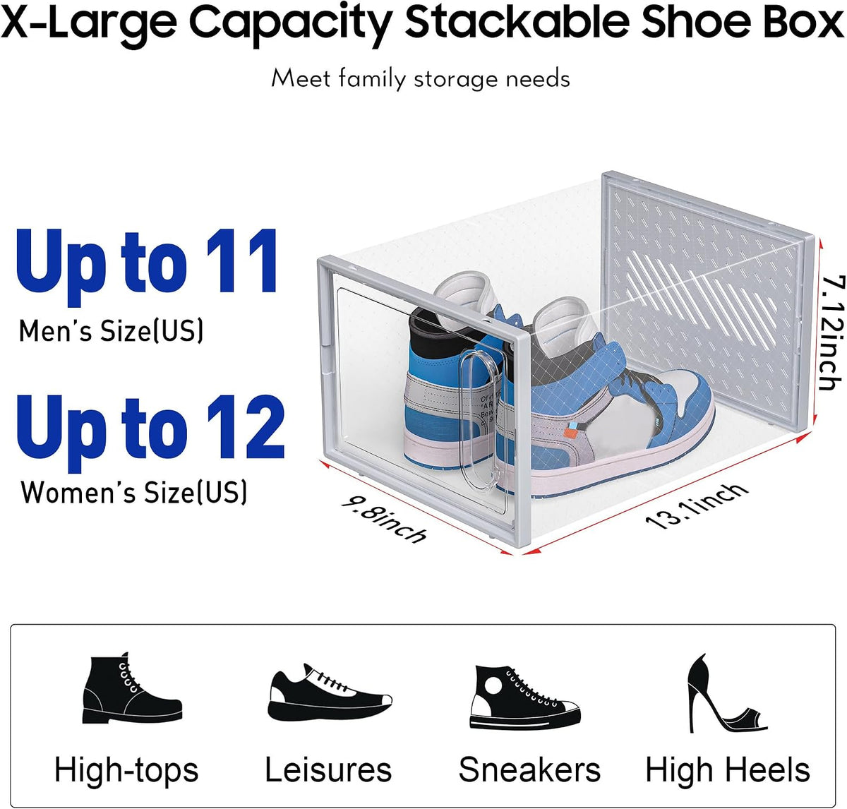 eWonLife Large Shoe Organizer Storage Box with Magnetic Door,12 Pack Clear Plastic Stackable Sneaker Containers for Closet, Connect Left and Right Shoe Box for Entryway, Drop Front, Under Bed (Grey)