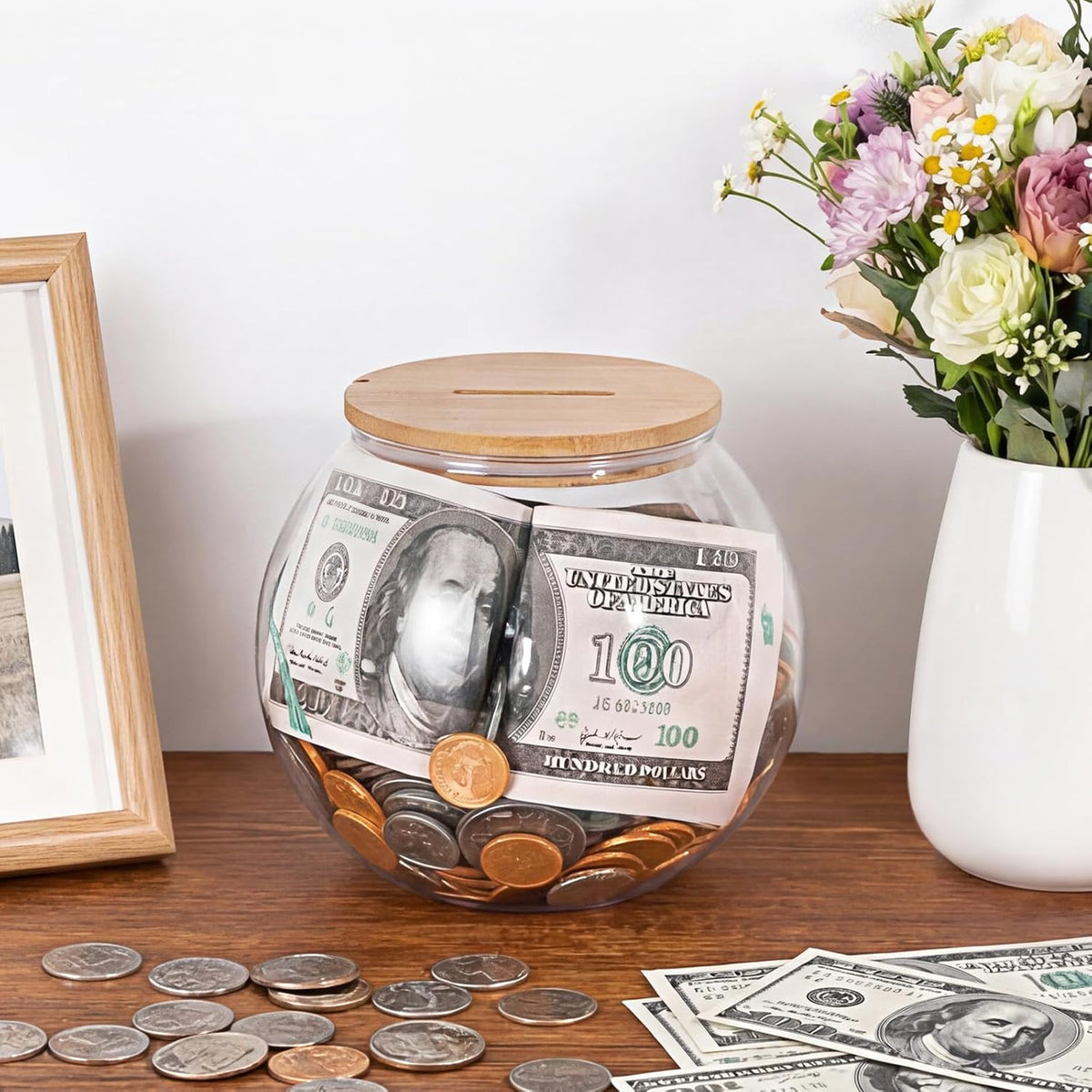 Laundry Room Coin Bank Jar with Money Slot and Wooden Lid for Adult