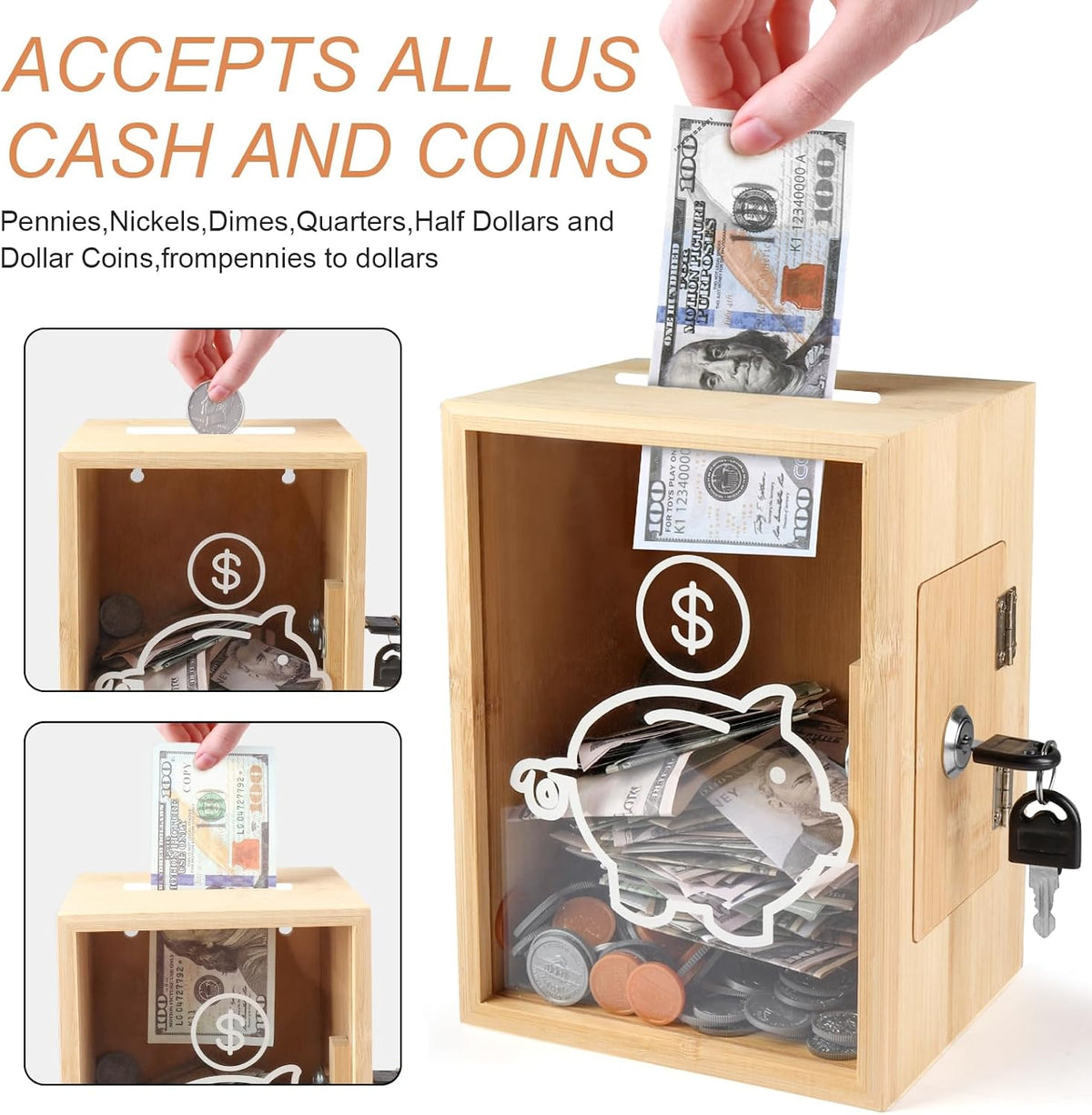 Clear Piggy Bank with Lock, Large Money Saving Jar Money Bank Box Container for Cash Saving, Openable Clear Money Coin Change Bank Jar Container Penny Piggy Jar Bank for Adults Kids, Bamboo