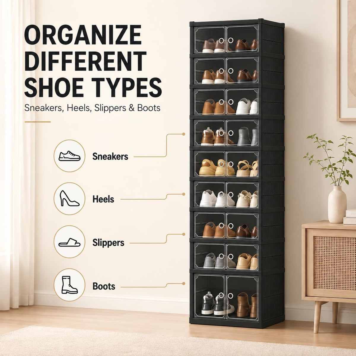 UFORU 9-Tier Black Foldable Shoe Rack,18-Pair Organizer with Magnetic Doors