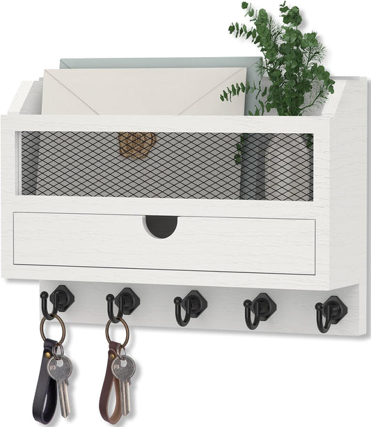 Nekon Key and Mail Holder for Wall, Key Organizer with Drawer, White