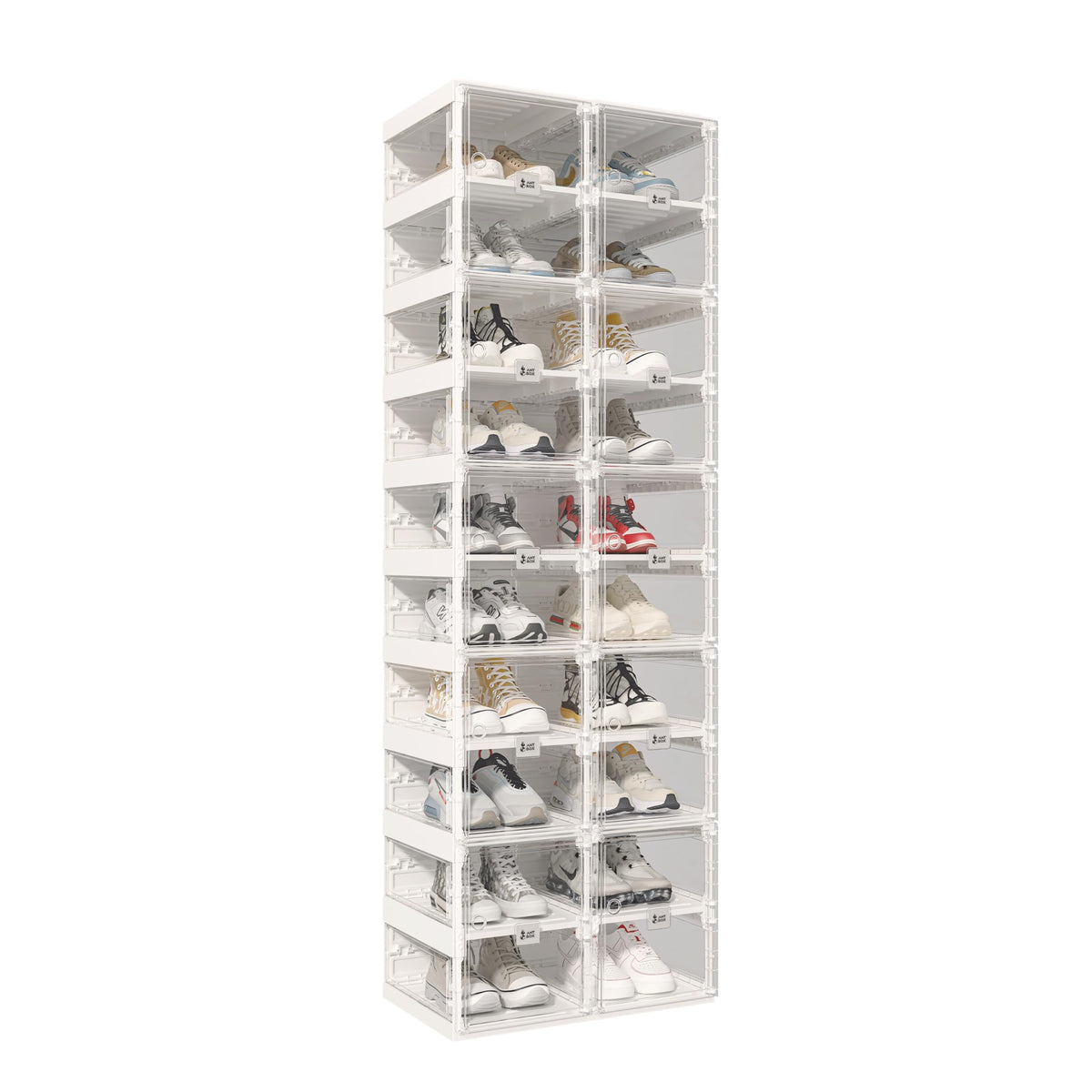ANTBOX Foldable Shoe Rack,Shoe Organizers for Closet Plastic Shoe Storage Box Space Saving for Entryway, Large Sturdy Stackable Sneaker Cabinet Bins with Magnetic Clear Door 8 Tiers 16 Pairs