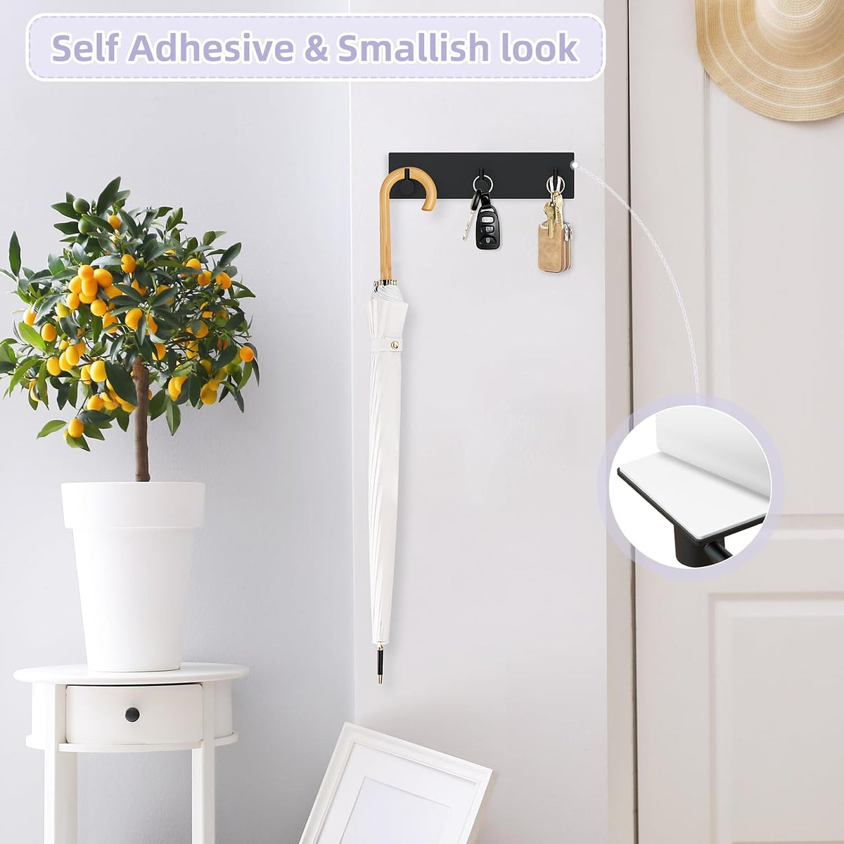 VIS'V Key Holder Wall Mount, Small Adhesive Key Hanger with 3 Hooks, Black