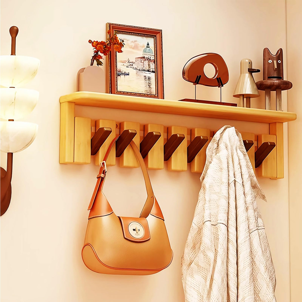 Paint Wood Wall Mounted Coat RackHooks Piano Key Hangers Natural Solid Wood Hanger Non-Woven Fabric Clothes Hangers for Closet, Kitchen, Bedroom, Bathroom, Entryway (Walnut-Beech, 8 Hooks)
