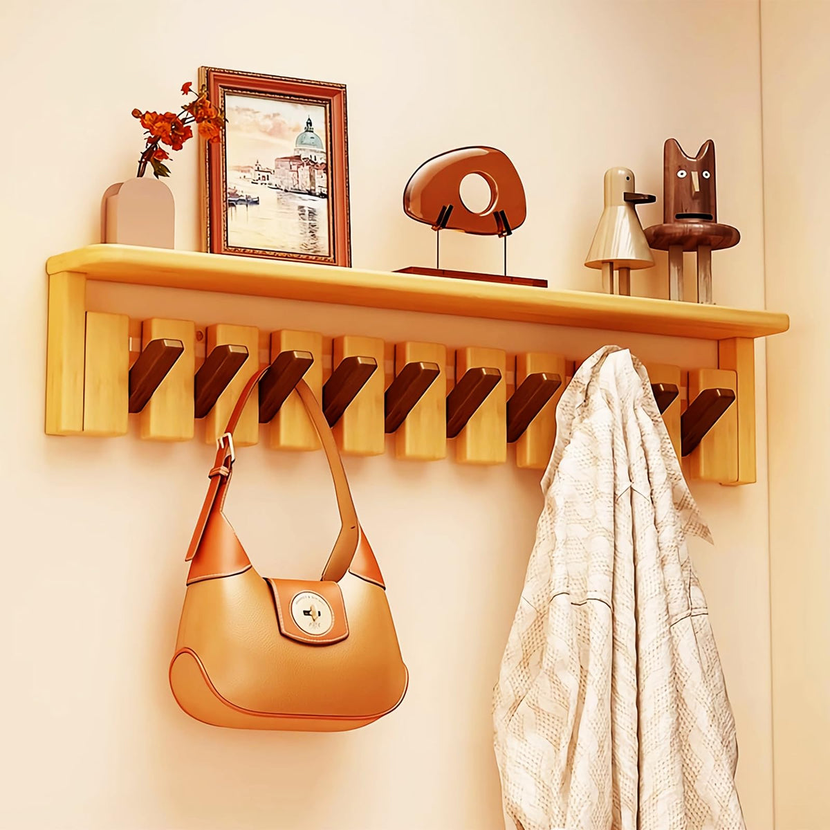 Paint Wood Wall Mounted Coat RackHooks Piano Key Hangers Natural Solid Wood Hanger Non-Woven Fabric Clothes Hangers for Closet, Kitchen, Bedroom, Bathroom, Entryway (Walnut-Beech, 8 Hooks)