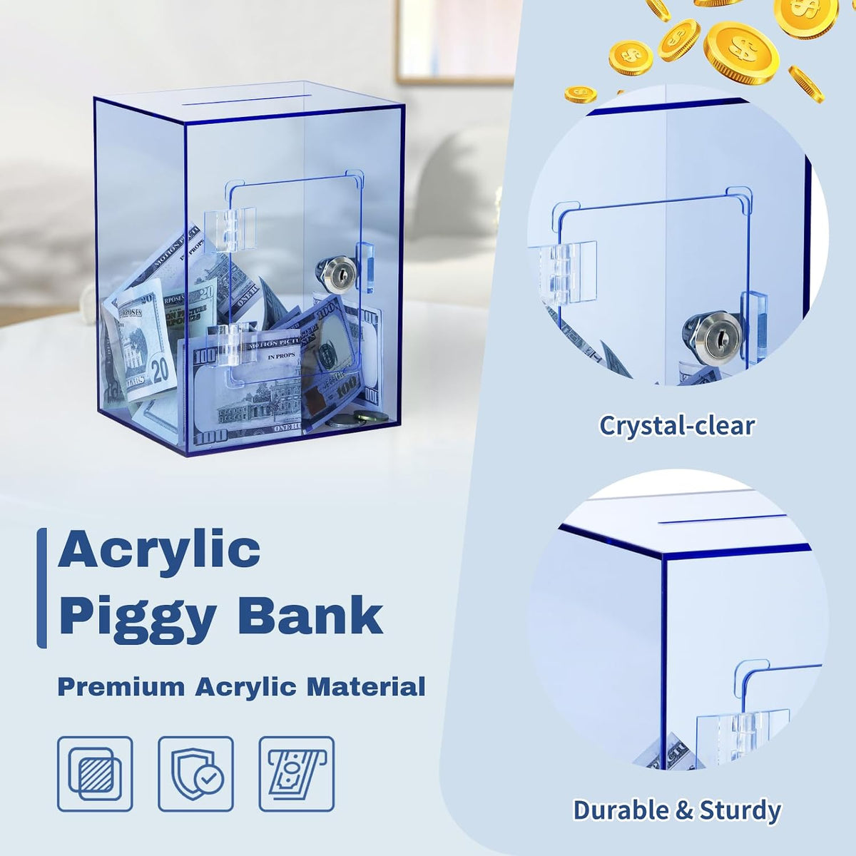 Imeepa Clear Acrylic Piggy Bank with Lock & Key, Money Box - Blue
