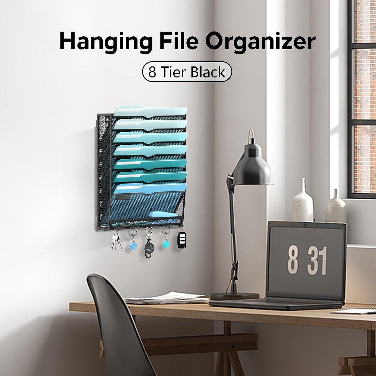 8-Tier Wall File Organizer and Mail Organizer with 5 Hooks, Black