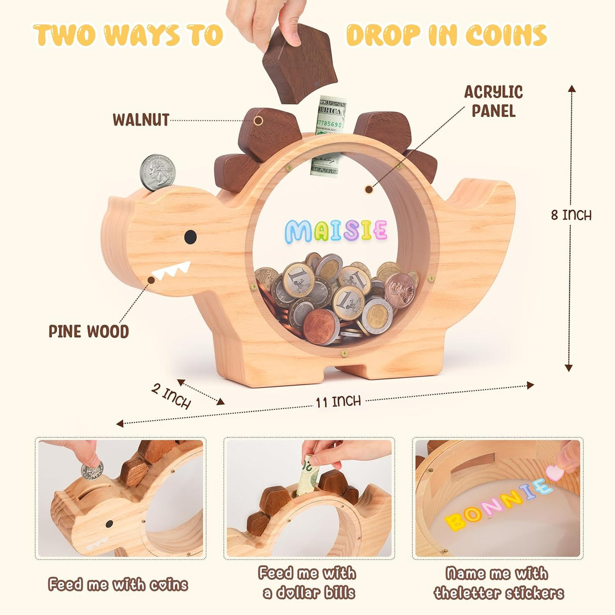 Summidate Wooden Dinosaur Piggy Bank, Large Clear Money Bank for Kids Boys