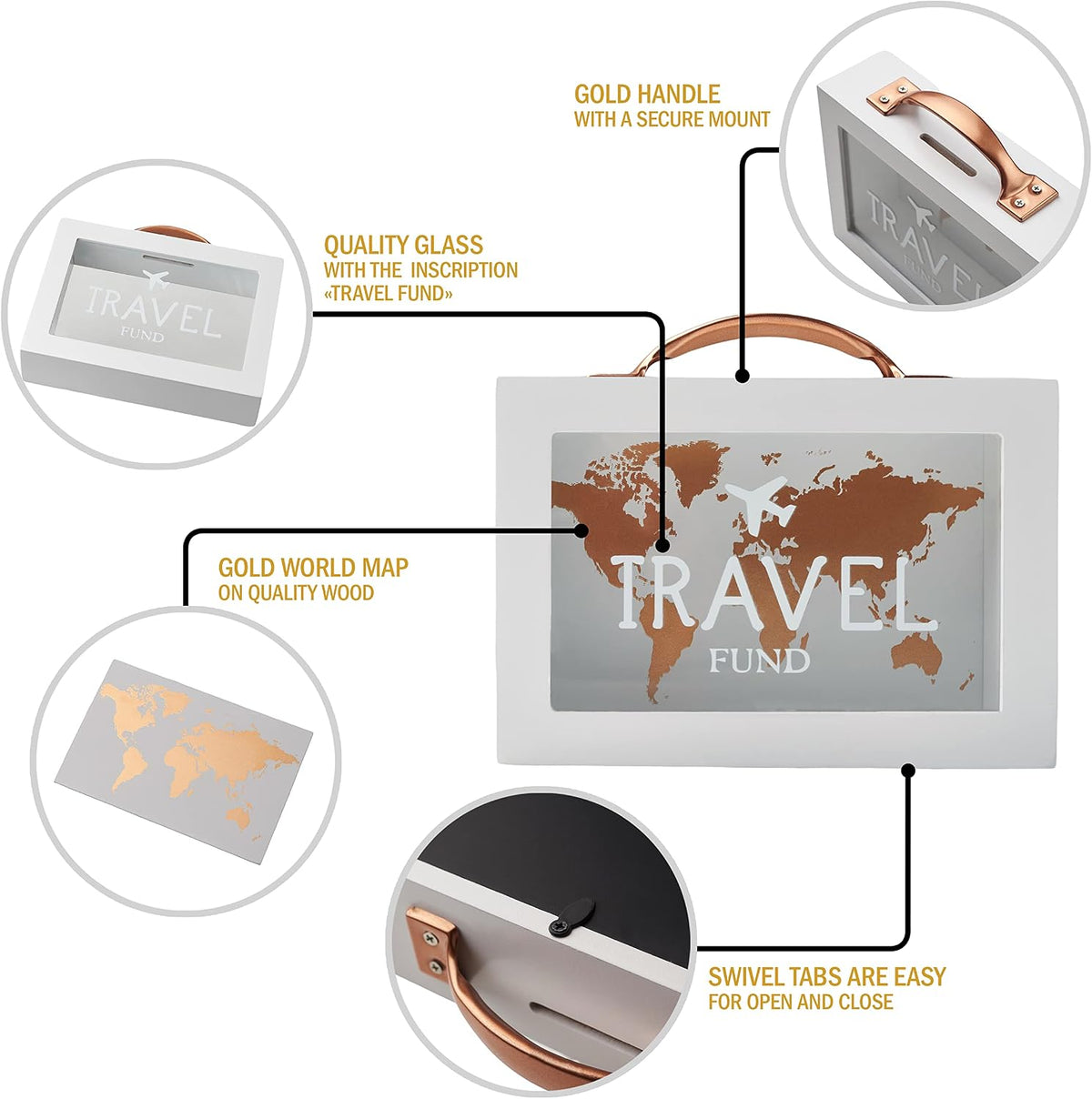 Shadow Money Box for Travel Savings - Coin Bank for Adults - Vacation Jar - White Saving Box With Handle - Honeymoon Fund - Adventure Fund