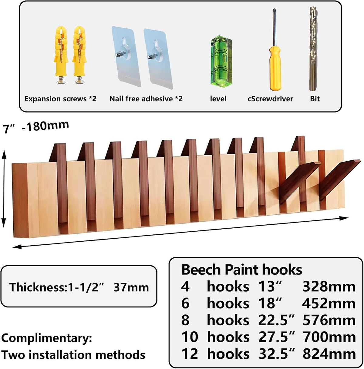 Paint Wood Wall Mounted Coat RackHooks Piano Key Hangers Natural Solid Wood Hanger Non-Woven Fabric Clothes Hangers for Closet, Kitchen, Bedroom, Bathroom, Entryway (Walnut-Beech, 8 Hooks)
