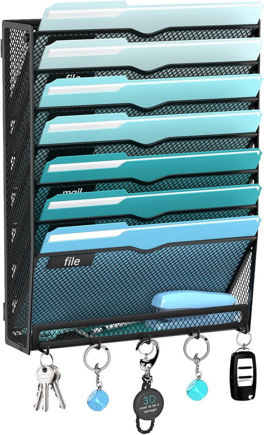 8-Tier Wall File Organizer and Mail Organizer with 5 Hooks, Black