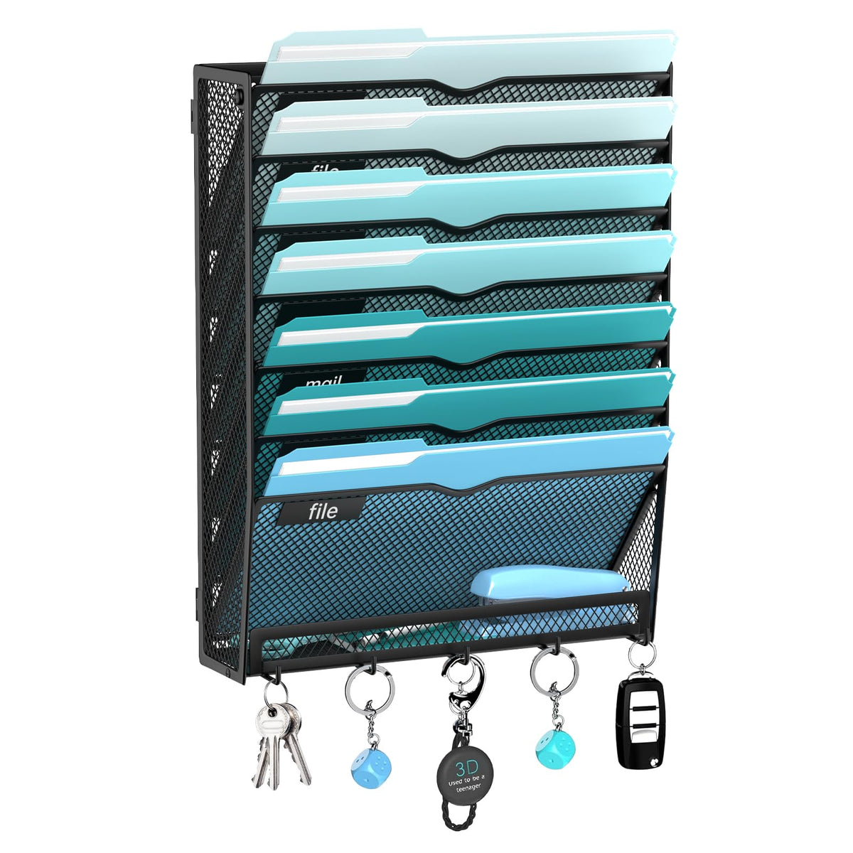 8-Tier Wall File Organizer and Mail Organizer with 5 Hooks, Black