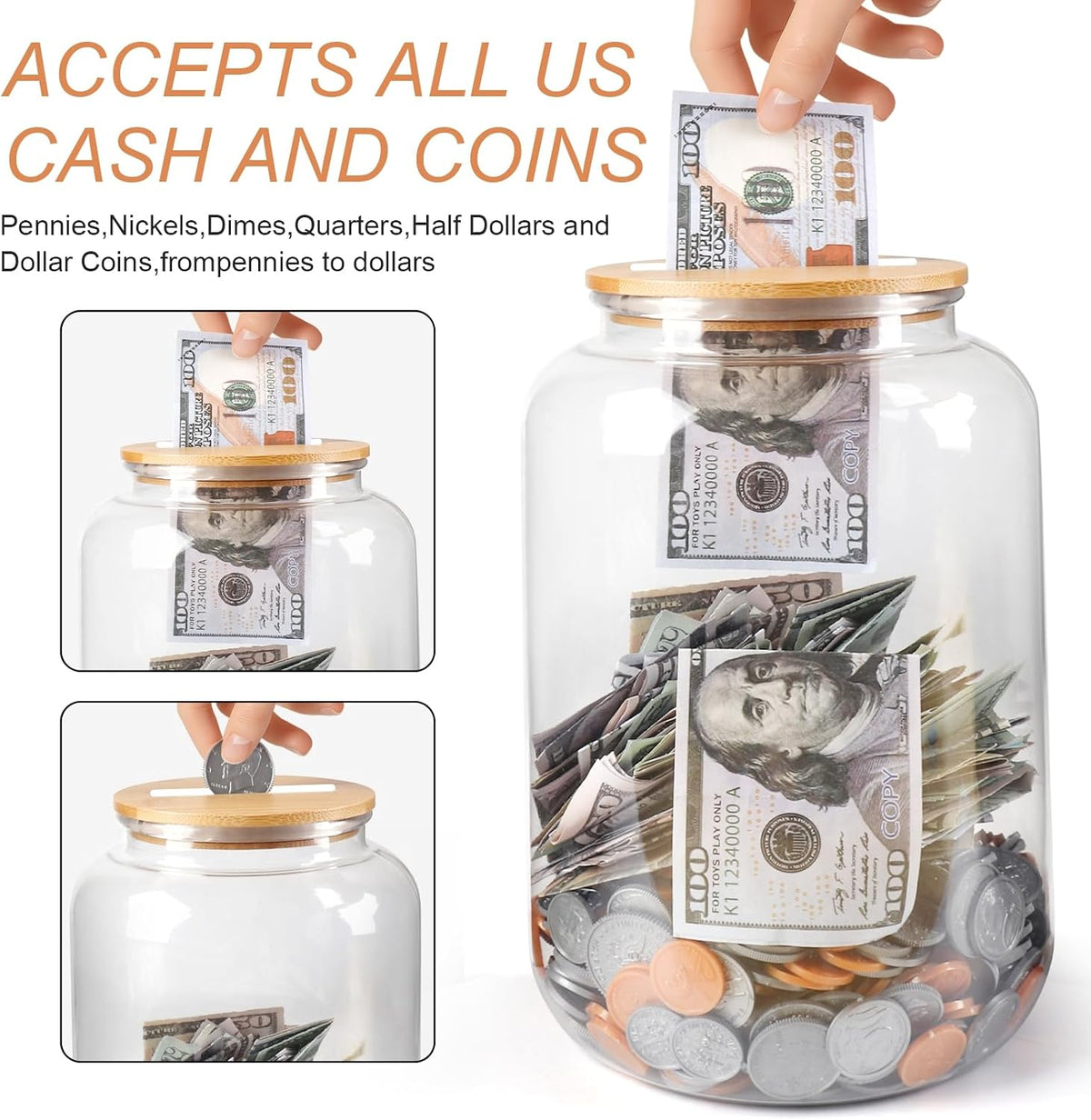 Clear Piggy Bank with Slotted Lid, 7/8 Gallon Plastic Money Saving Jar Bank Box Container for Cash Saving, Clear Large Money Coin Change Bank Jar Container Penny Piggy Jar Bank for Adults Kids