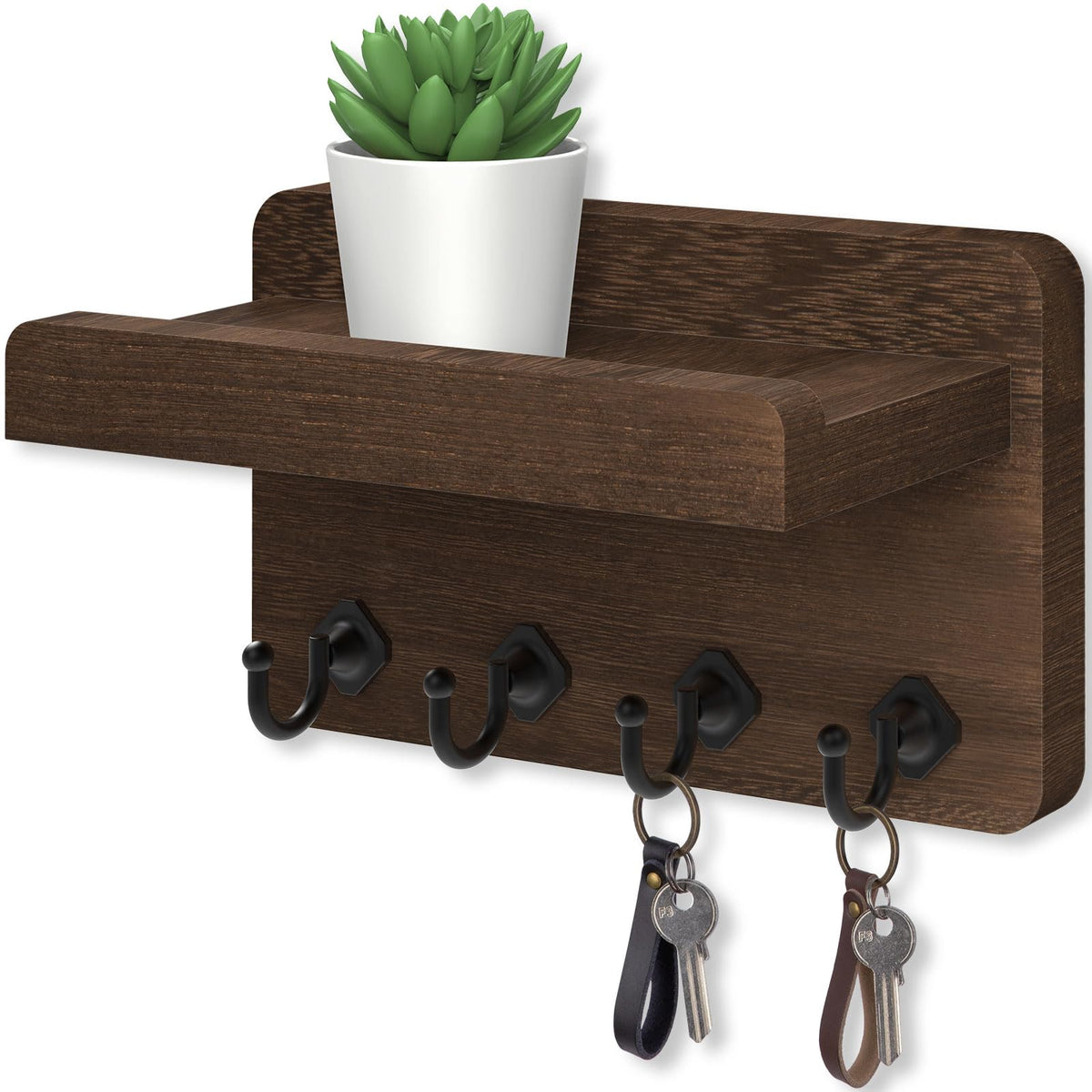 Nekon Key Holder Wall Mount, 8.5 Inch Small Wooden Wall Organizer, Black