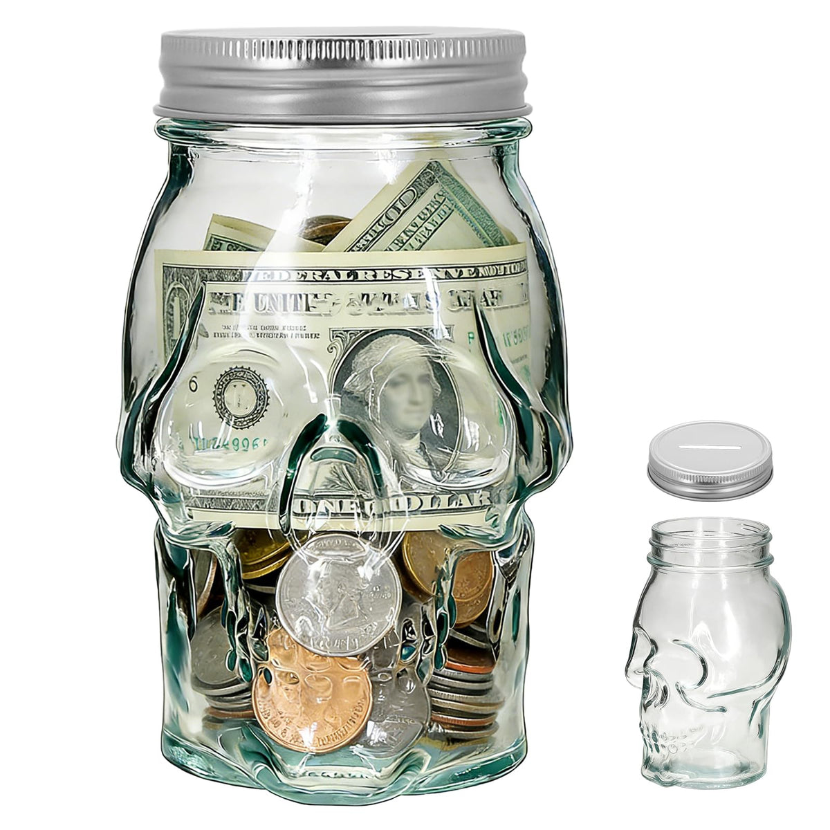 1Pack 16 OZ Skull Glass Coin Bank with Metal Lid, Clear Glass Skull Money Jar with Coin Slot, Decorative Savings Jar, Halloween & Home Décor (Black)