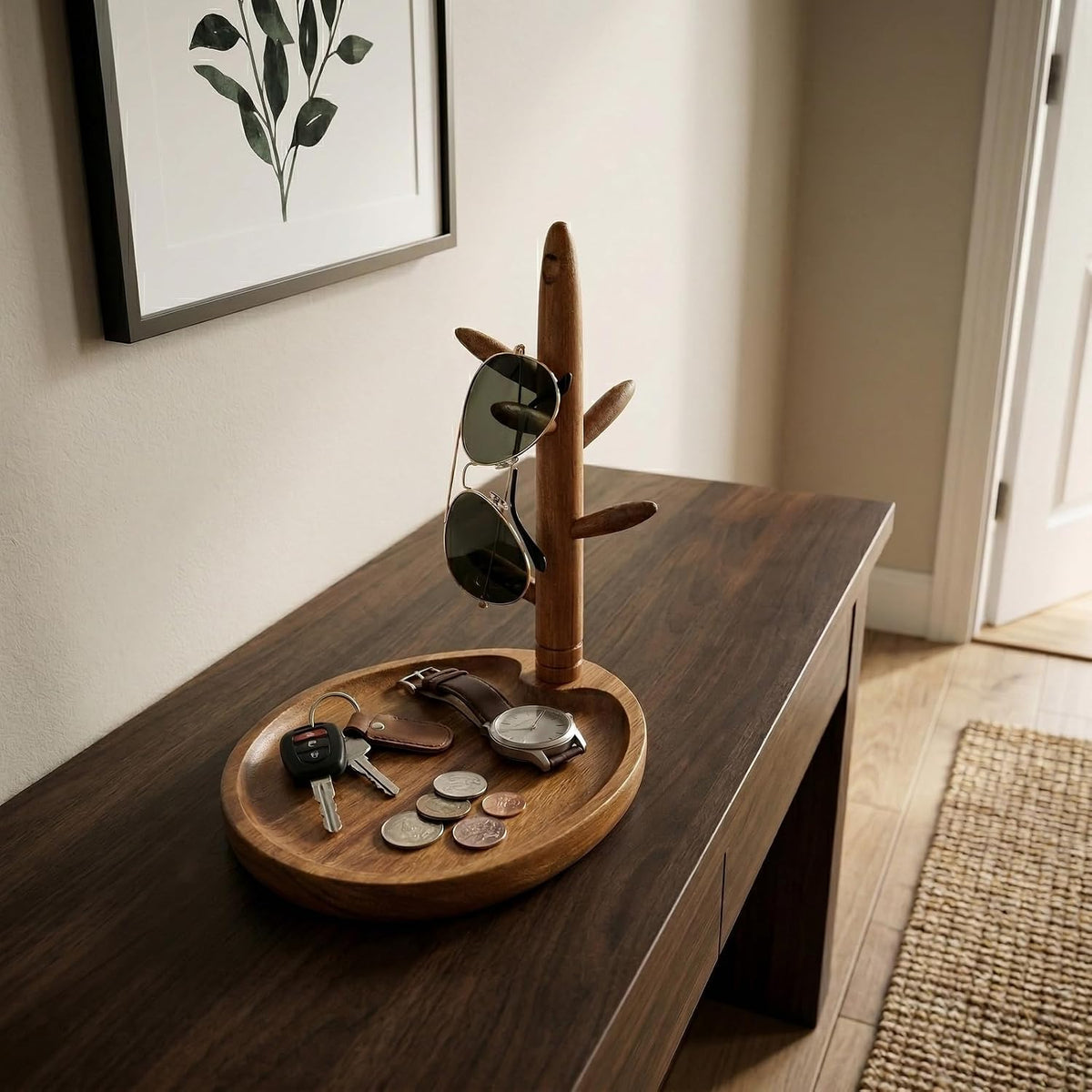 Solid Acacia Key Tray for Entryway Table, Key Holder with 5 Hooks and Catchall Tray, Organizer for Wallet, Watch, Jewelry, Dresser Nightstand Room Decor Gift