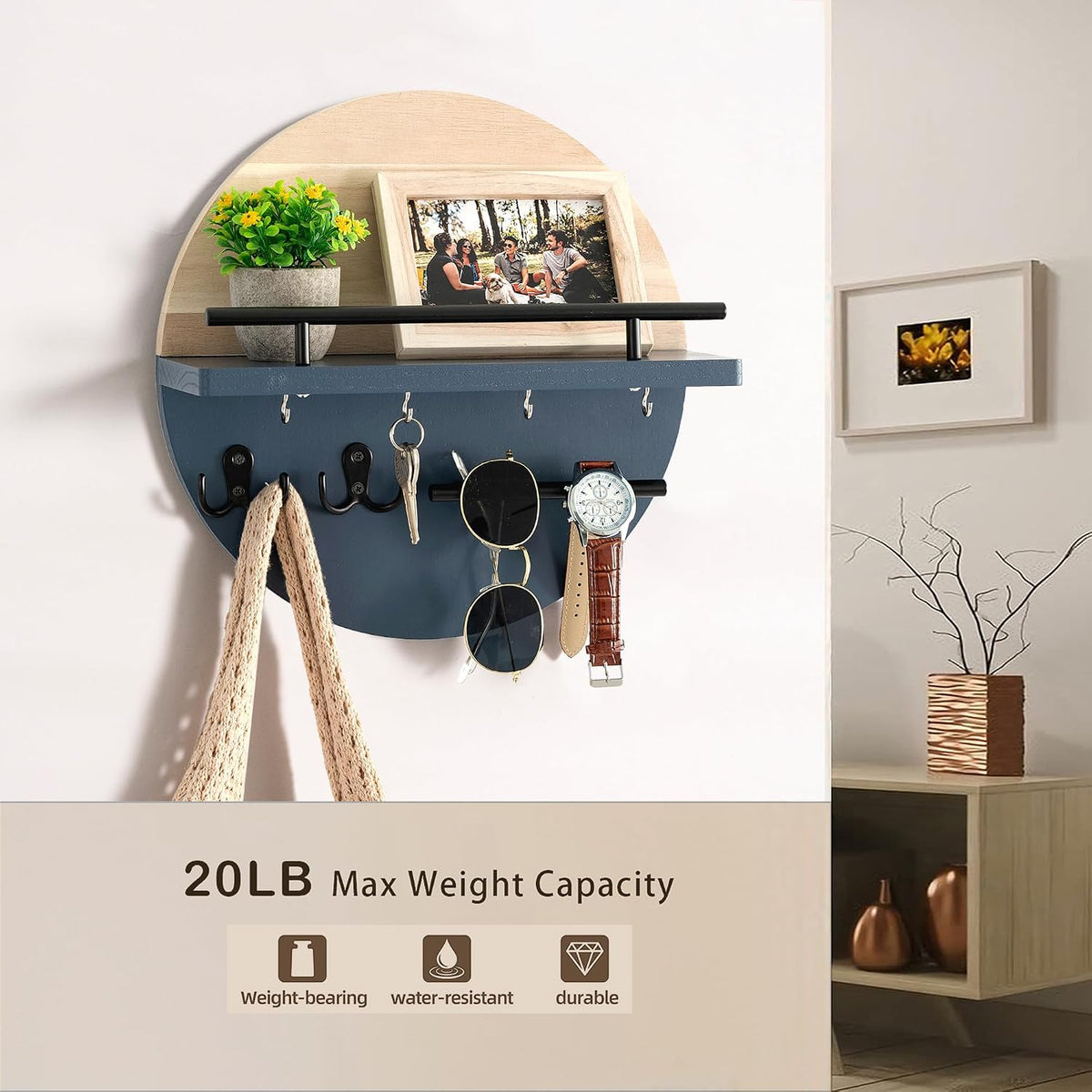 Key Holder Wall Mount with Shelf and Hooks, Mail Organizer for Wall