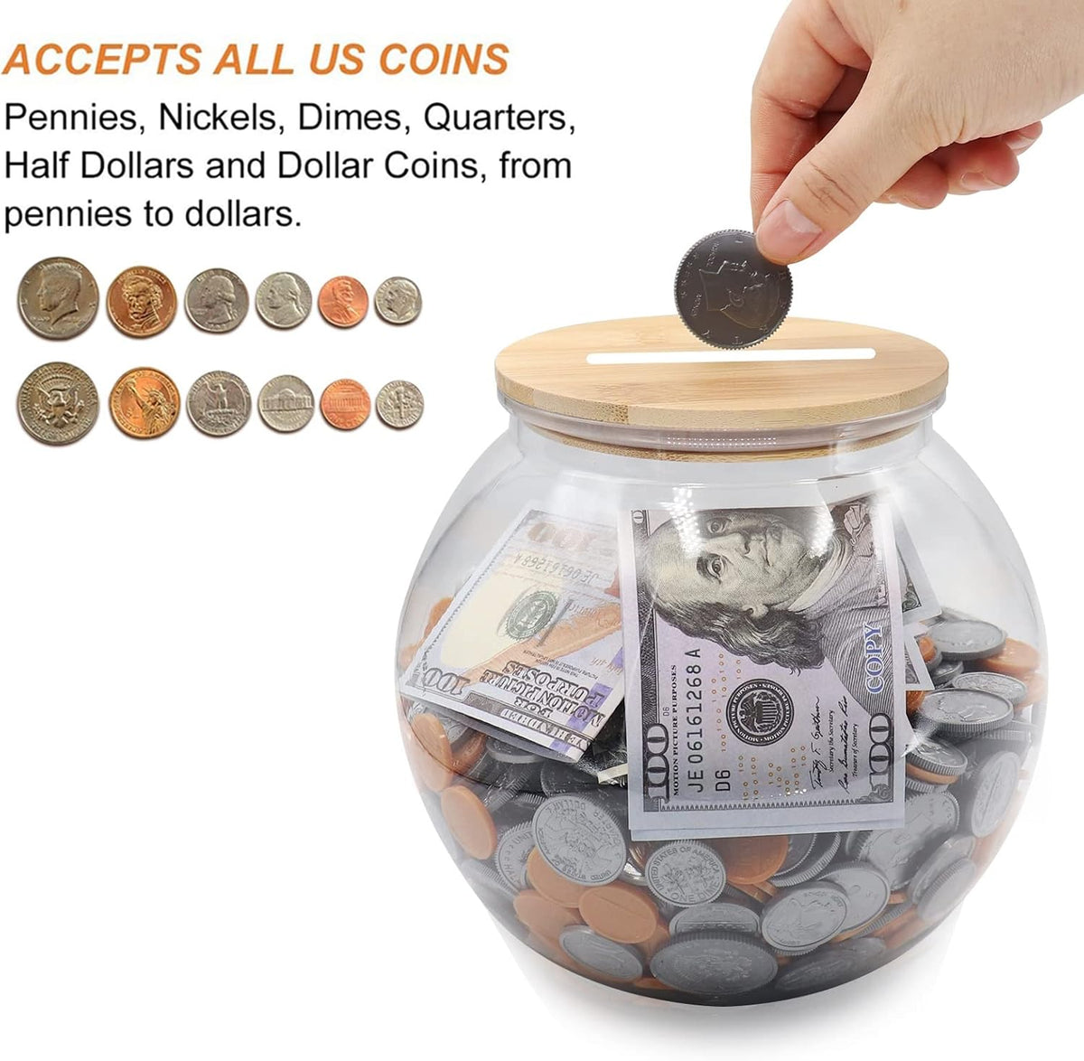 Yamahiko Large Clear Coin Bank Jar with Slotted Lid, 3/4 Gallon Plastic Money Tip Change Savings Coin Jar for Coin or Raffle Ticket, Big Clear Money Coin Tip Piggy Change Bank Box for Adults Teens