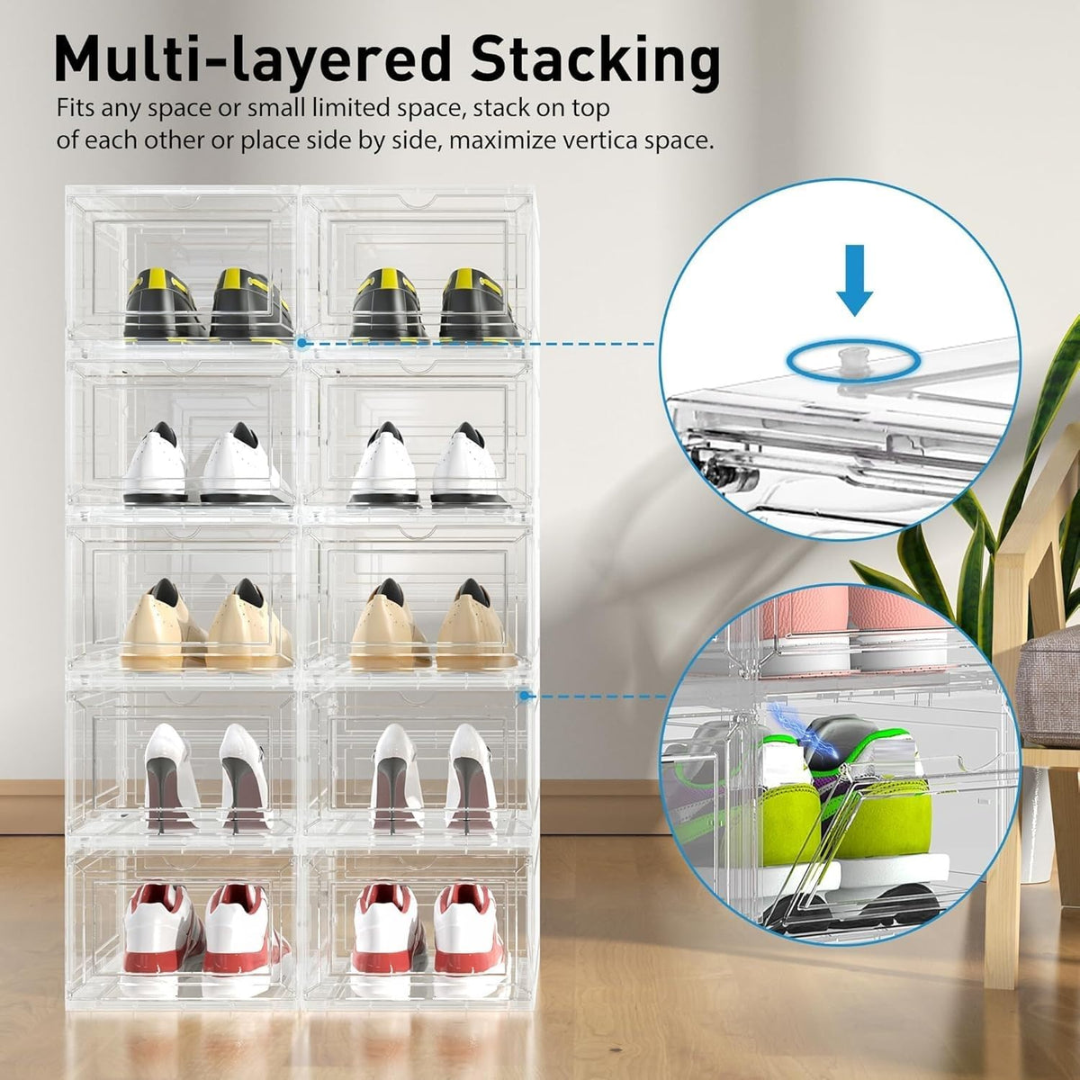 10 Pack Thickened Plastic Clear Stackable Shoe Box Organizer, White