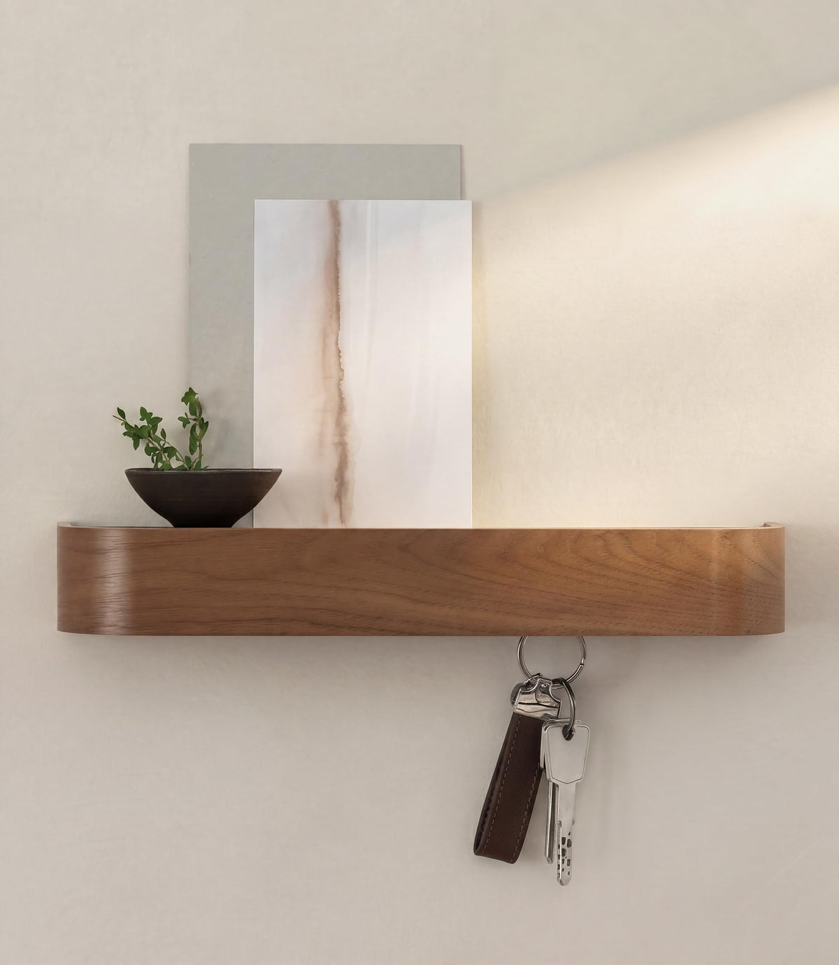 Kazai. Key Holder 'Toke' | Minimalist Key Hook Design from Berlin | Modern Key Holder Wall Mount with Wooden Shelf | Key Rack for Wall as Entryway Organizer | Walnut