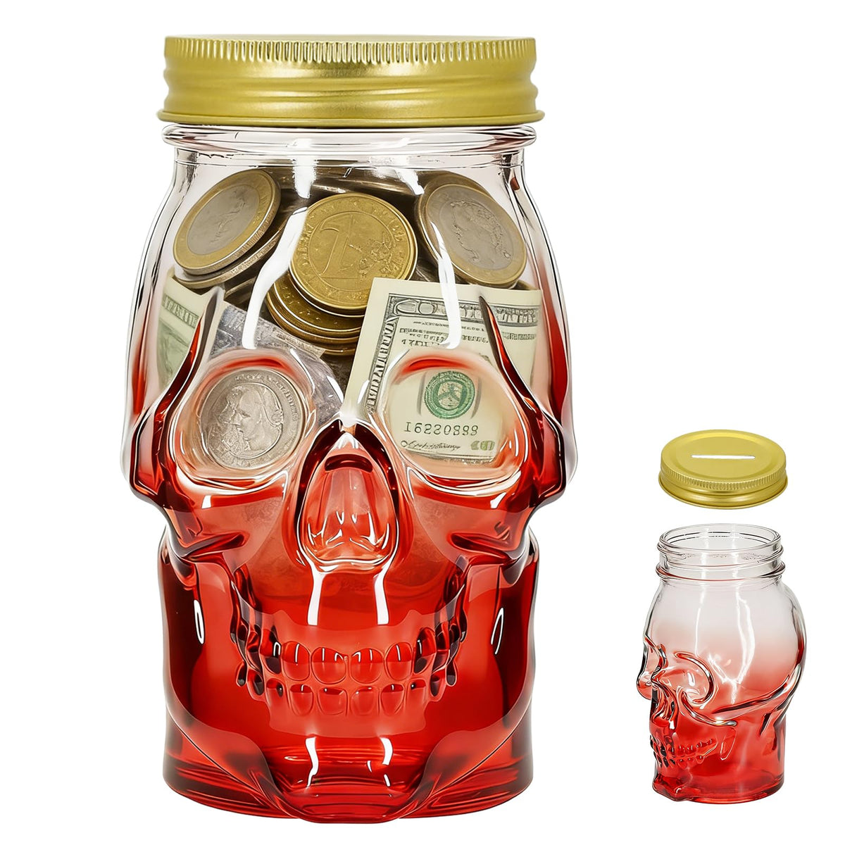 1Pack 16 OZ Skull Glass Coin Bank with Metal Lid, Clear Glass Skull Money Jar with Coin Slot, Decorative Savings Jar, Halloween & Home Décor (Black)