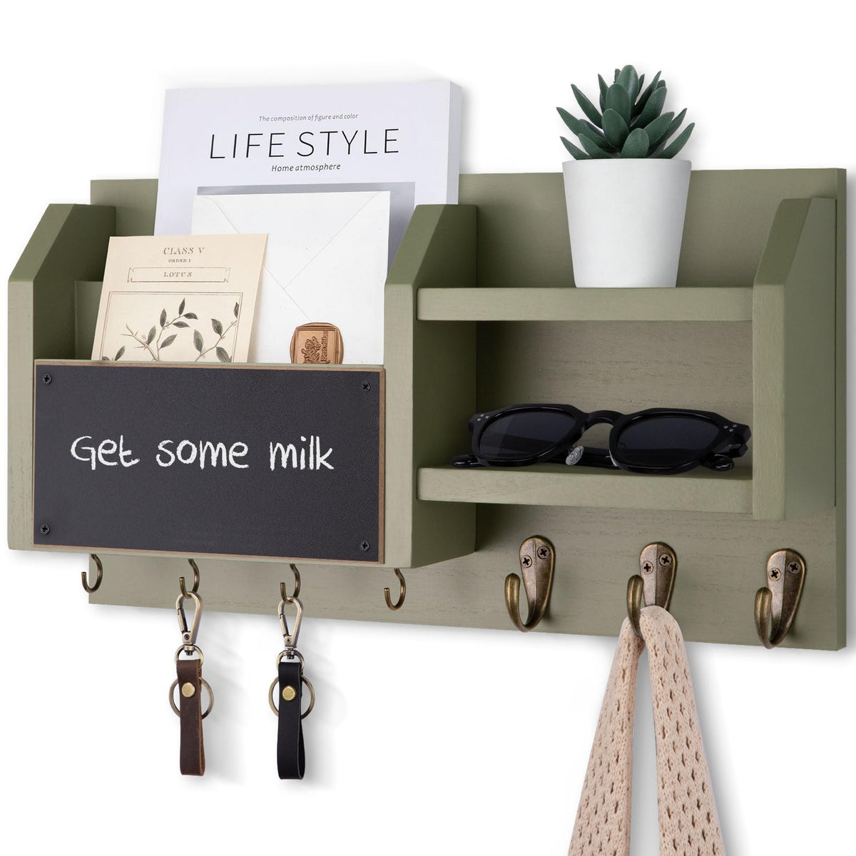 Lwenki Mail and Key Holder – Wall Mount Key Hanger with Shelf and 7 Metal Hooks – Decorative Natural Paulownia Wood Entryway Organizer with Mounting Hardware (16.5”W x 8.7”H x 3.5”D) (White)