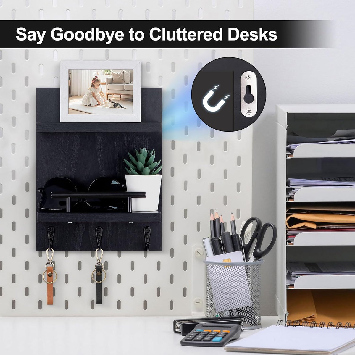 Magnetic Key Holder Wall Mount, Mail Shelf Decor with 3 Key Hooks