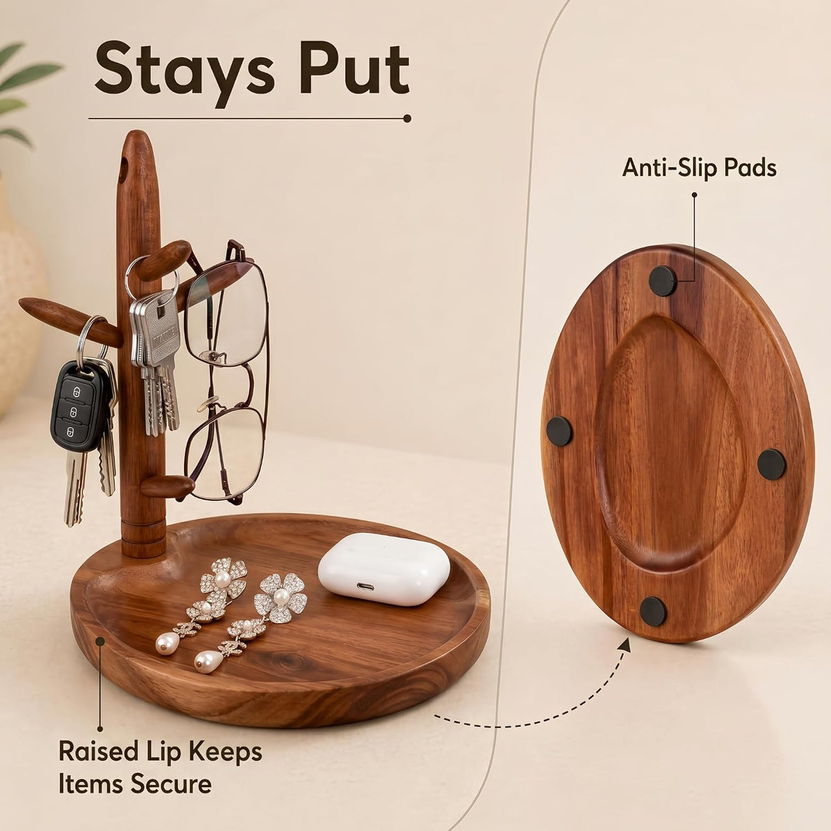 Solid Acacia Key Tray for Entryway Table, Key Holder with 5 Hooks and Catchall Tray, Organizer for Wallet, Watch, Jewelry, Dresser Nightstand Room Decor Gift