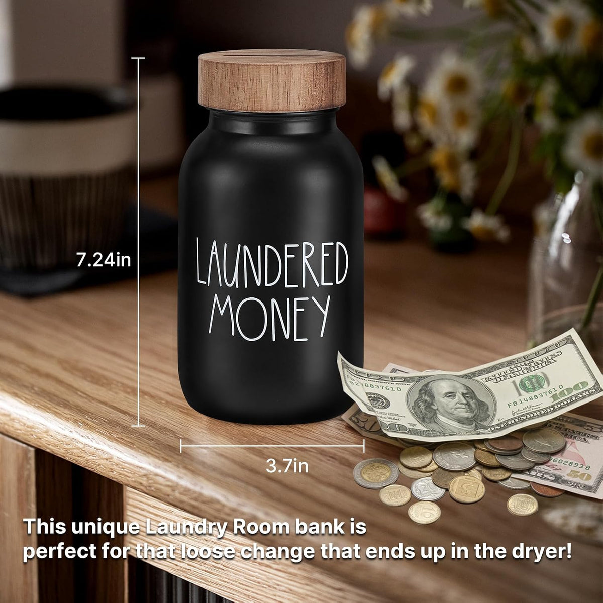 Laundry Room Decor Organization, Mason Jar Coin Bank with Wood Lid
