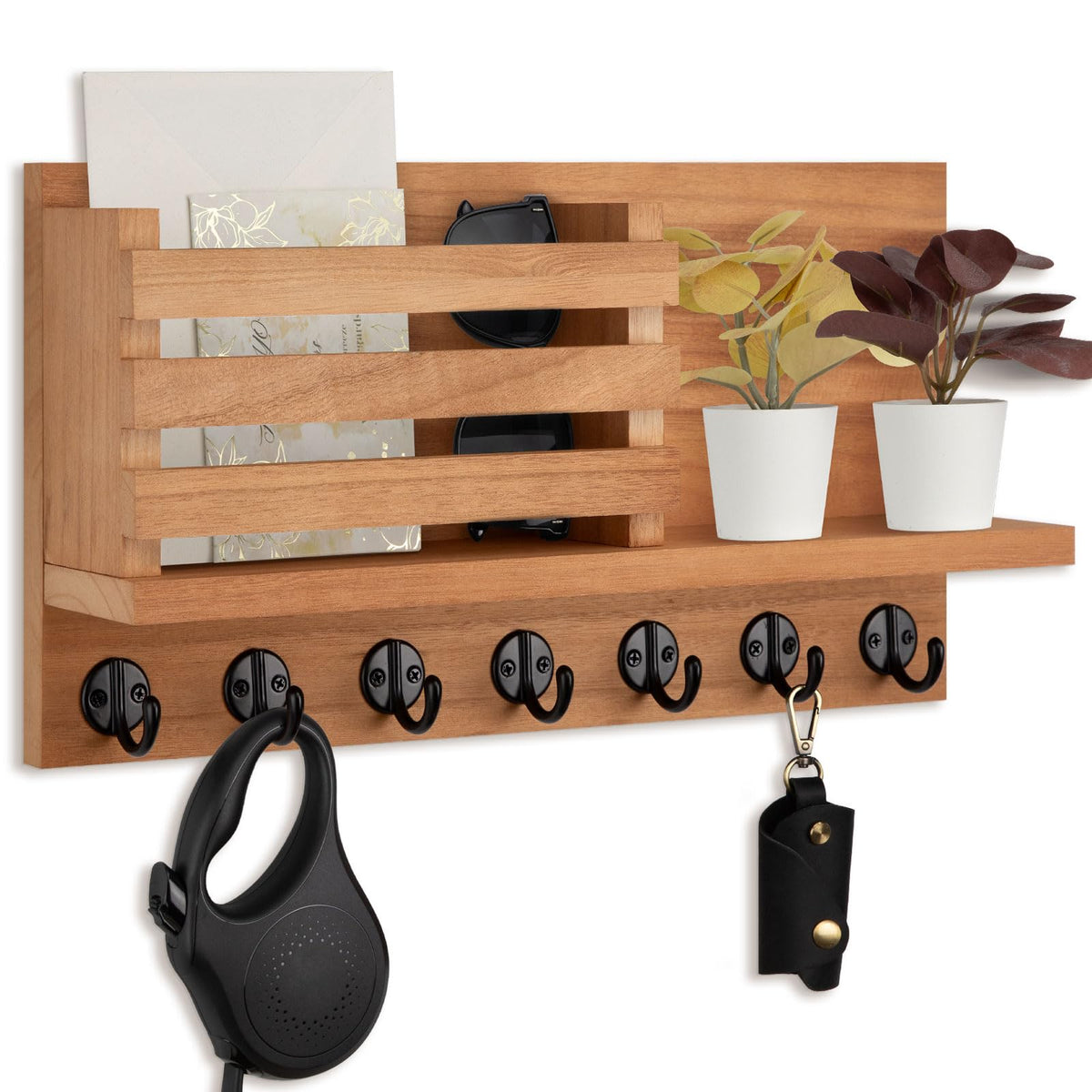 Lwenki Key Holder for Wall – Decorative Wooden Mail Holder and Key Shelf with Mounting Hardware, Installation Guide – Paulownia Wood with Metal Key Hooks (Brown, Large - 11.8inch)