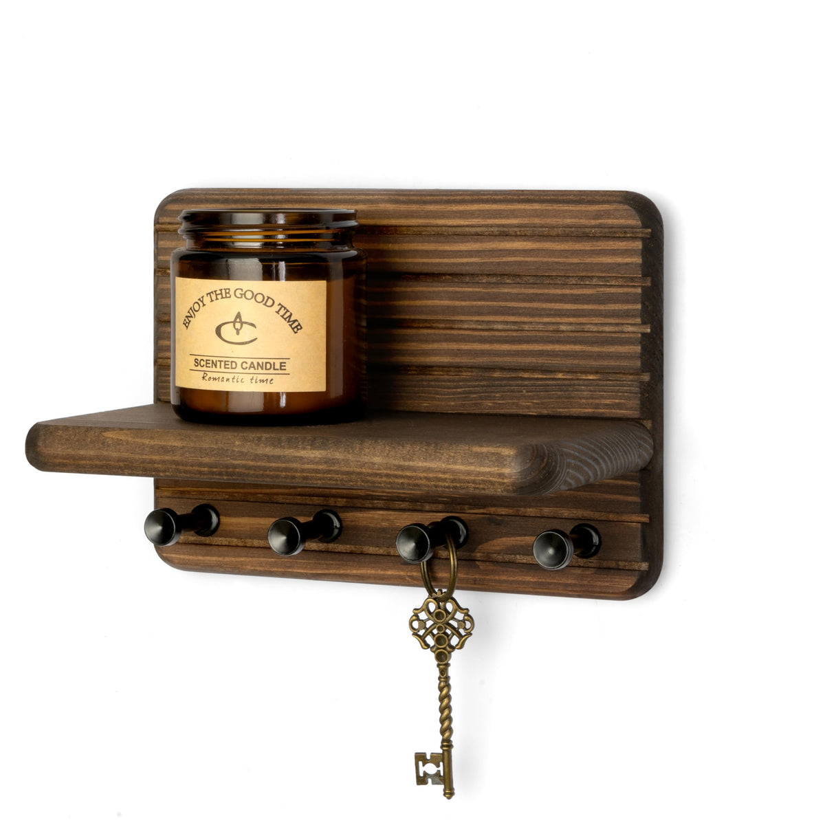 Rebee Vision Pine Wood Key Holder Wall Mount with Shelf for Entryway, Brown