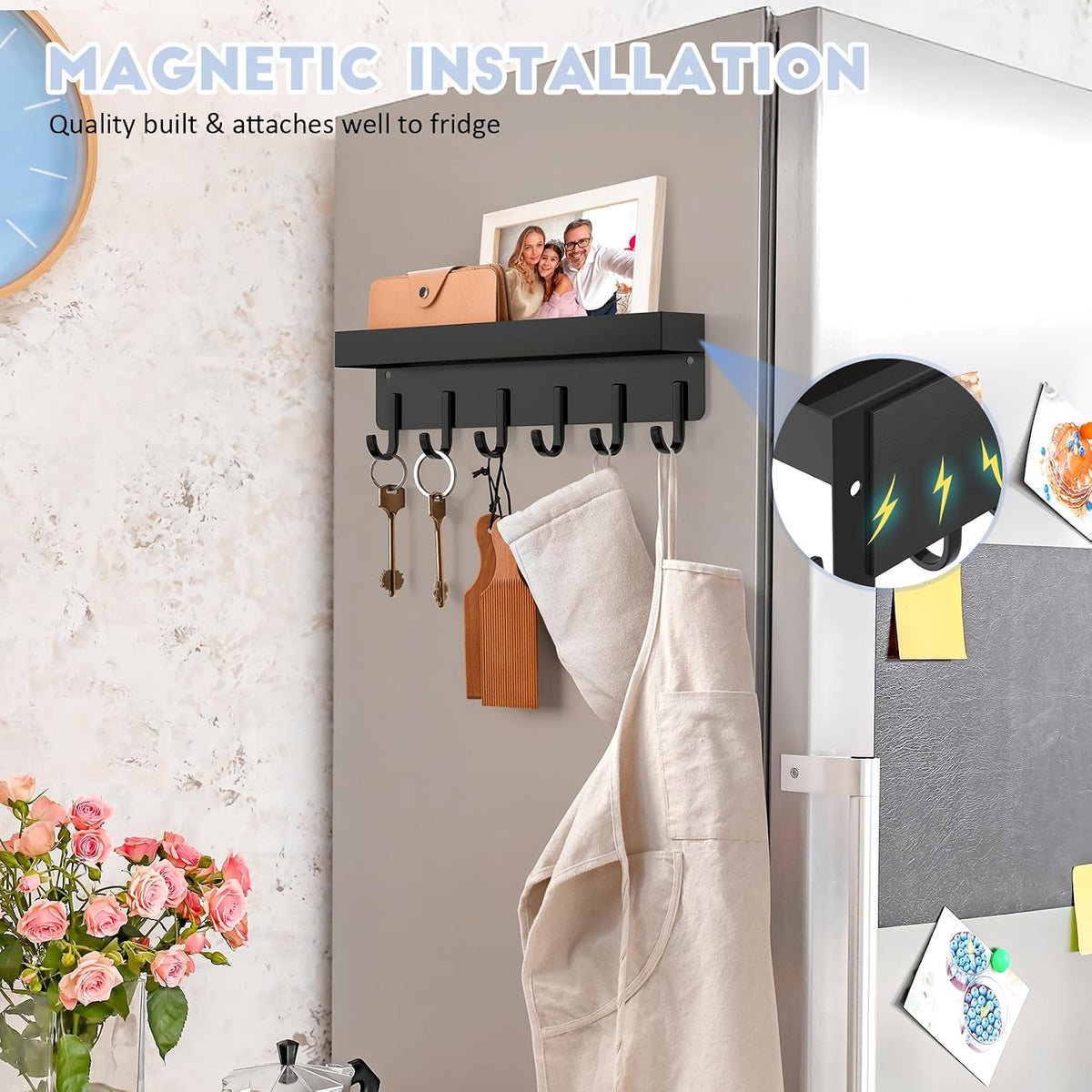 Magnetic Key Holder, Wall Mount Key Rack with Shelf, 9.65 in, Black