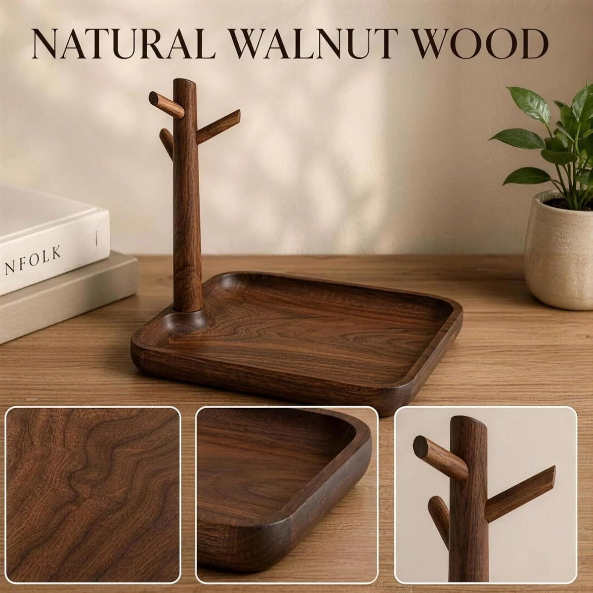 Walnut Tray, Entryway Key Organizer with Tree Hooks for Keys and Jewelry