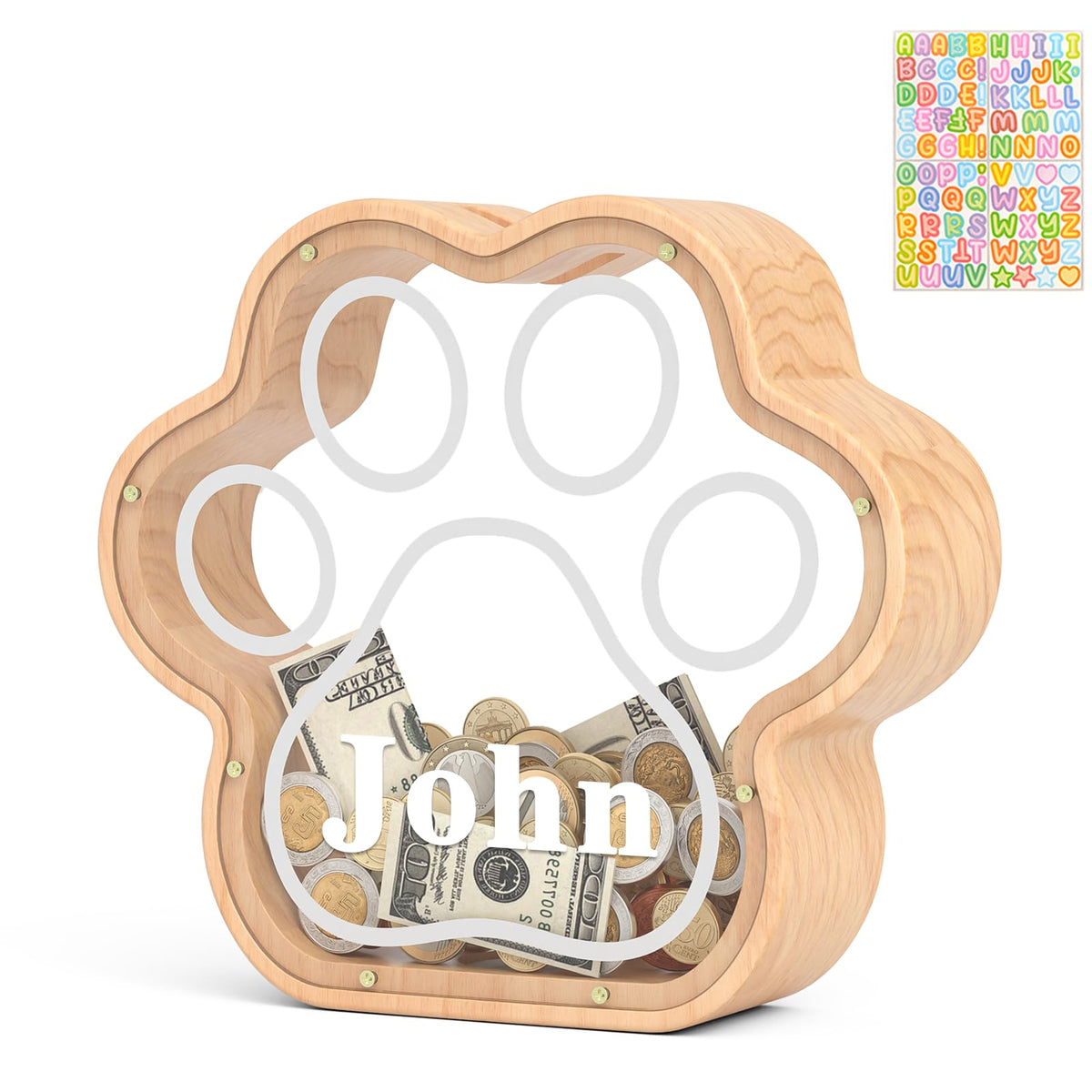 KMC Wooden Piggy Bank for Kids, Natural Cat Dog Paw Coin Bank with Stickers