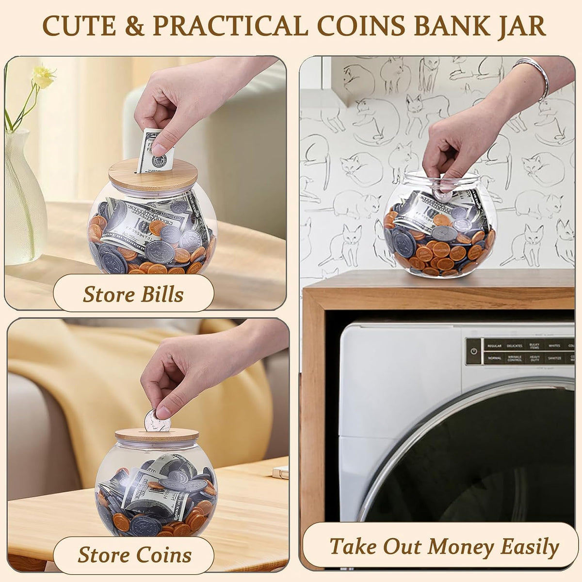 Sumnacon Laundry Room Coin Bank Jar Money Jars with Slot and Wooden Lid