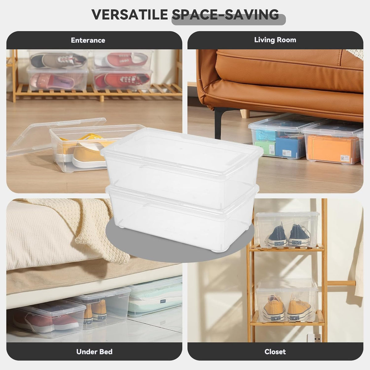 novelinks 8 Pack 6QT Plastic Storage Bins with Lids, Shoe Boxes (Clear)
