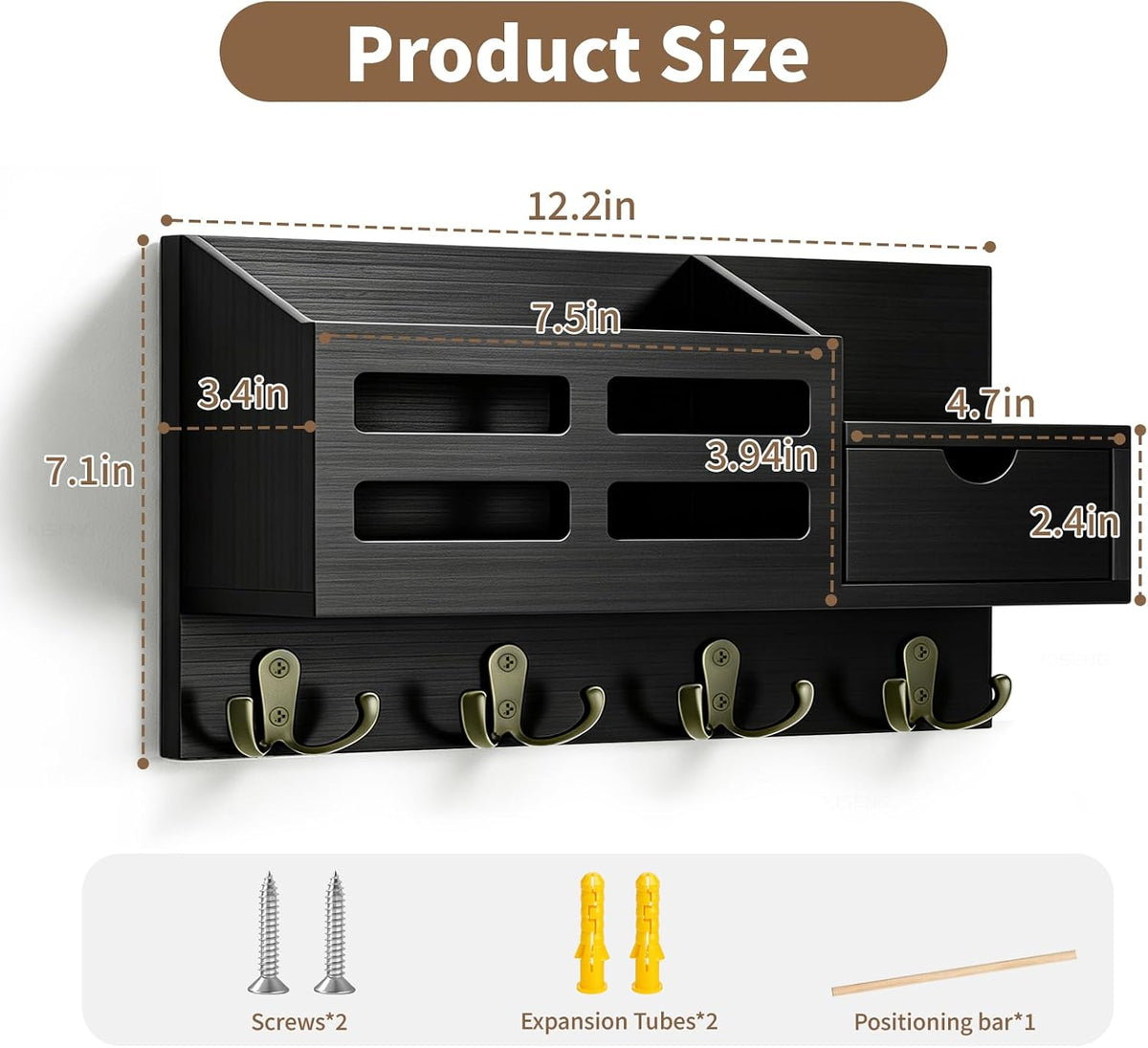 Key Holder Wall Mount Black Key Holder with Drawer& Mail Slot